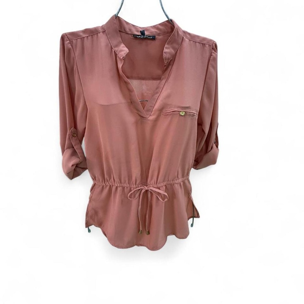New Glory Orange Pink Tie Waist Blouse Roll Tab Sleeve Pocket Top Womens Small